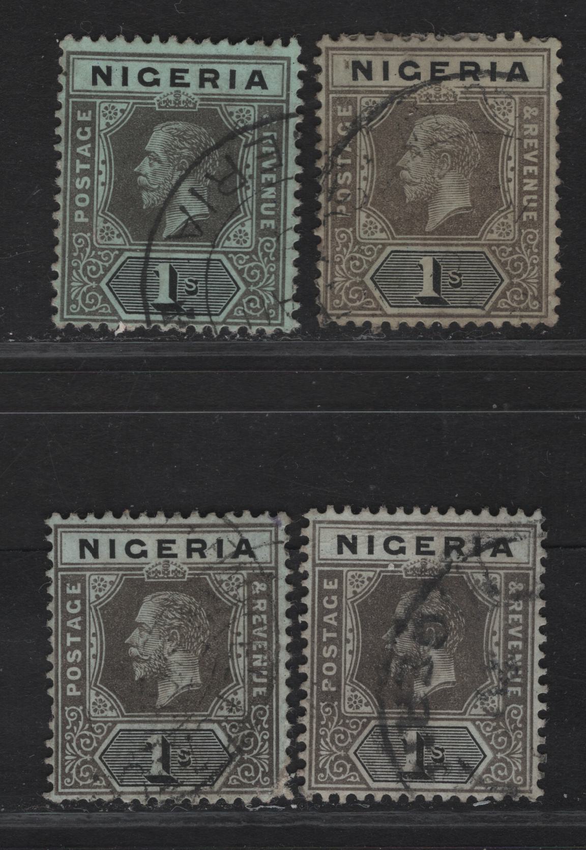 Lot 127 Nigeria SG#8d 1/- Brownish Gray & Black - Deep Gray & Black King George V, 1914-1929 KGV Imperium Keyplate Issue, Wmk Multiple Crown CA, 4 Fine Used Singles, Various Papers & Shades