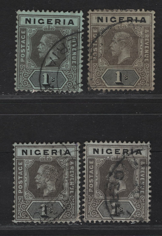Lot 127 Nigeria SG#8d 1/- Brownish Gray & Black - Deep Gray & Black King George V, 1914-1929 KGV Imperium Keyplate Issue, Wmk Multiple Crown CA, 4 Fine Used Singles, Various Papers & Shades