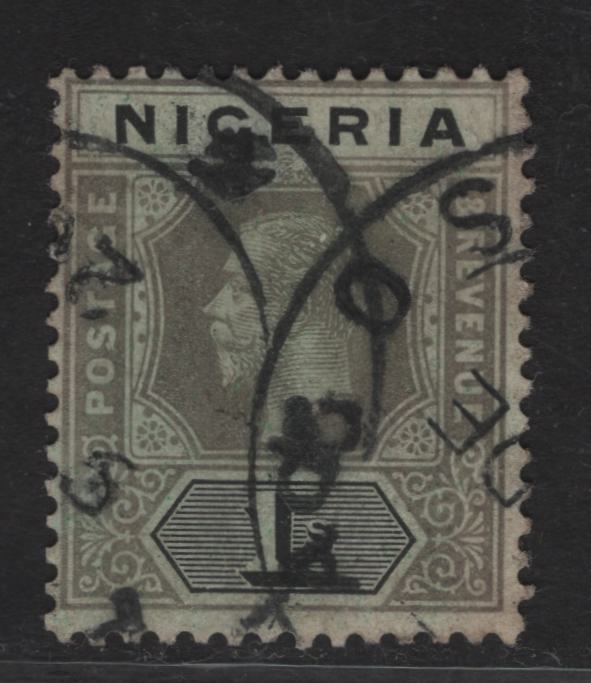 Lot 129 Nigeria SG#8e 1/- PaleGray & Black King George V, 1914-1929 KGV Imperium Keyplate Issue, Wmk Multiple Crown CA, A Fine Used Single, Pale Emerald Paper With Pale Olive Back