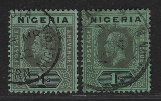 Lot 130 Nigeria SG#8f 1/- Gray & Black King George V, 1914-1929 KGV Imperium Keyplate Issue, Wmk Multiple Crown CA, 2 Fine/Very Fine Used Singles, Deep Emerald & Emerald Papers, 2 Dated Copies With 1921 & March 1922 Cancels