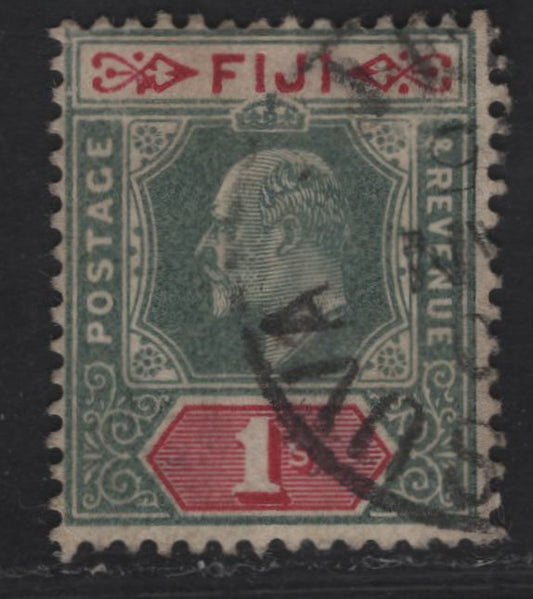 Lot 13 (C) Fiji #112 1/- Green & Carmine, 1903 King Edward VII Imperium Keyplate Issue, Wmk Crown CA, A Fine Used Single