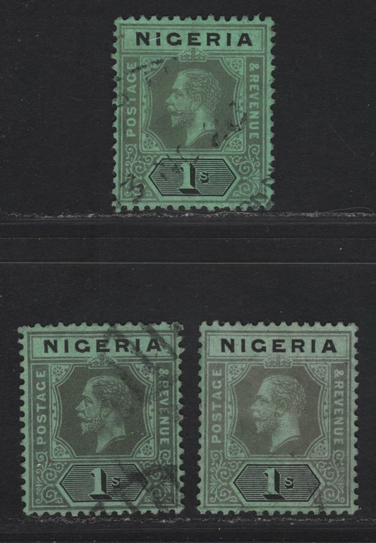 Lot 131 Nigeria SG#8f 1/- Pale Gray & Black - Deep Gray & Black King George V, 1914-1929 KGV Imperium Keyplate Issue, Wmk Multiple Crown CA, 3 Very Fine Used Singles, Bright Emerald, Pale Emerald & Emerald Papers