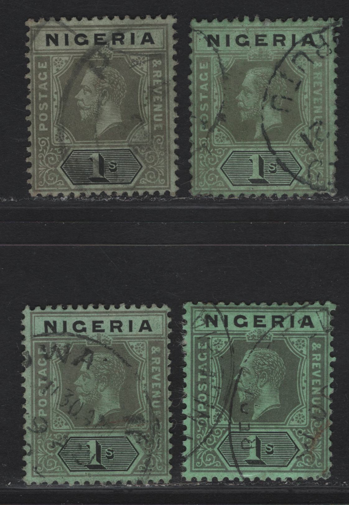 Lot 132 Nigeria SG#8f 1/- Pale Gray & Black - Pale Gray & Black King George V, 1914-1929 KGV Imperium Keyplate Issue, Wmk Multiple Crown CA, 4 Fine Used Singles, Pale Emerald, Bright Emerald & Emerald Papers