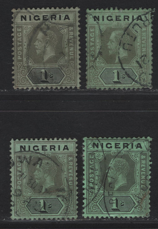 Lot 132 Nigeria SG#8f 1/- Pale Gray & Black - Pale Gray & Black King George V, 1914-1929 KGV Imperium Keyplate Issue, Wmk Multiple Crown CA, 4 Fine Used Singles, Pale Emerald, Bright Emerald & Emerald Papers