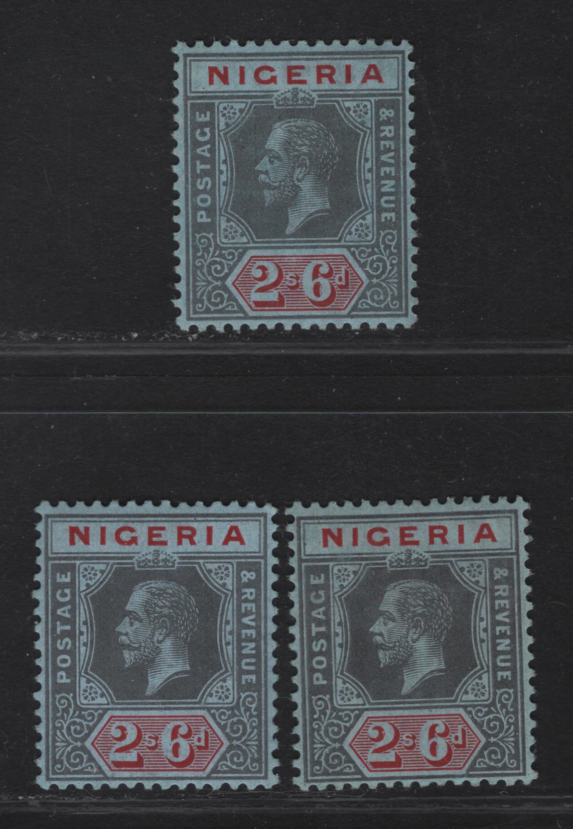Lot 134 Nigeria SG#9 2/6 Pale Gray/Deep Gray & Deep Red King George V, 1914-1929 KGV Imperium Keyplate Issue, Wmk Multiple Crown CA, 3 VFOG Singles, Gray Blue Paper