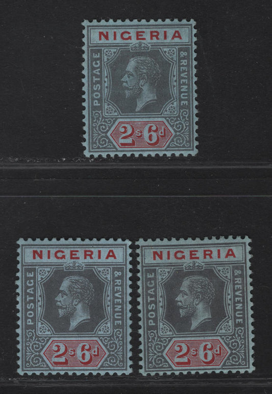 Lot 134 Nigeria SG#9 2/6 Pale Gray/Deep Gray & Deep Red King George V, 1914-1929 KGV Imperium Keyplate Issue, Wmk Multiple Crown CA, 3 VFOG Singles, Gray Blue Paper