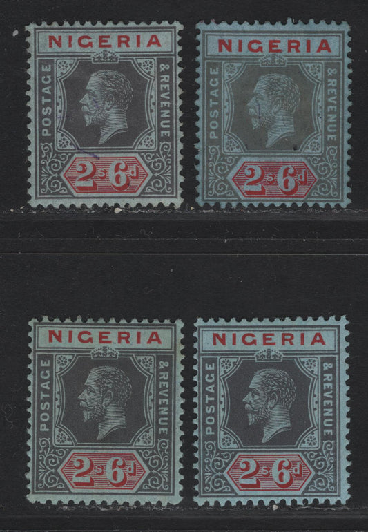 Lot 135 Nigeria SG#9 2/6 Pale Gray & Bright Red - Deep Gray & Deep Red King George V, 1914-1929 KGV Imperium Keyplate Issue, Wmk Multiple Crown CA, 4 FOG Singles, Gray Blue & Pale Gray Blue Papers, 4 Different Shade & Paper Combinations