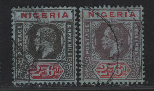 Nigeria SG#9 2/6 Violet Gray & Red - Black & Red King George V, 1914-1929 KGV Imperium Keyplate Issue, Wmk Multiple Crown CA, 2 Very Fine Used Singles, Gray Blue Paper