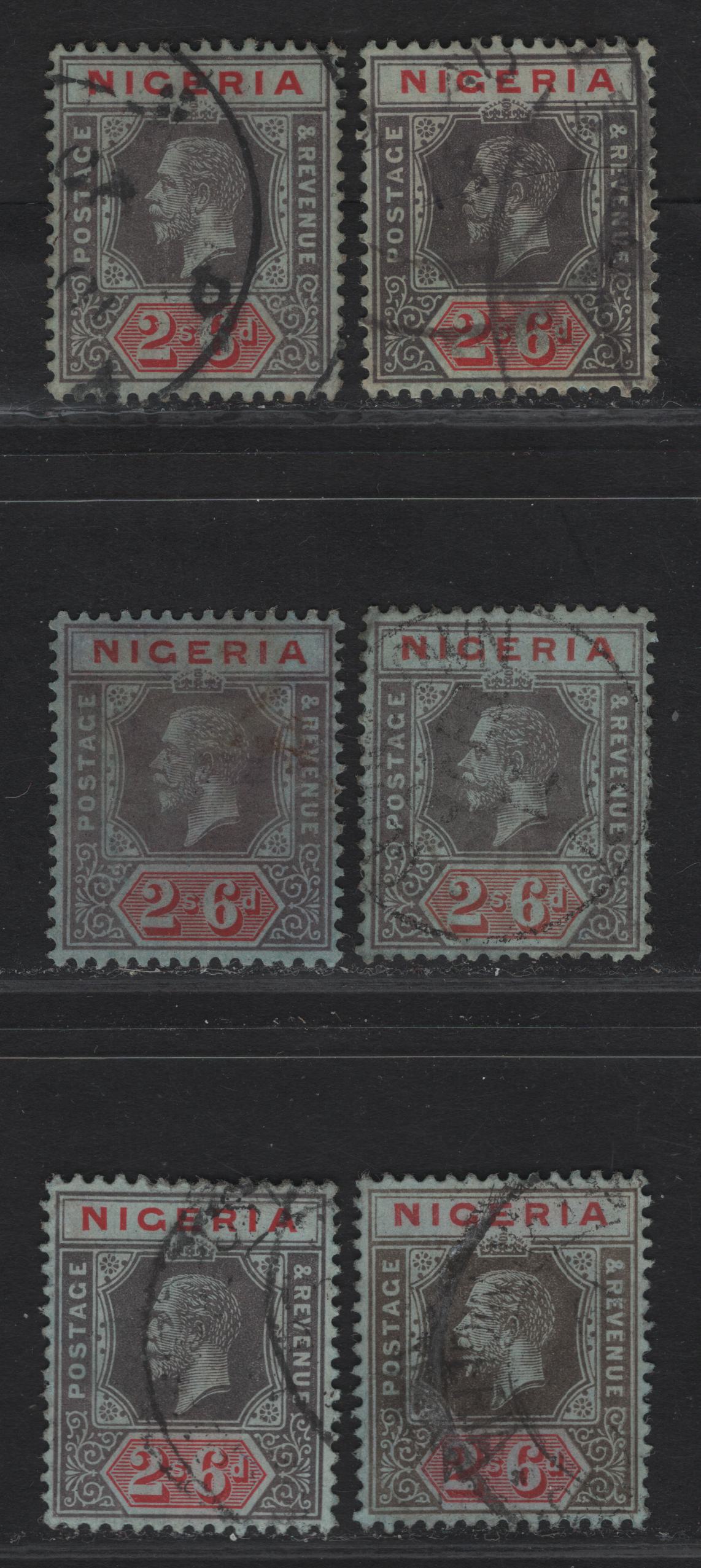 Lot 137 Nigeria SG#9 2/6 Gray & Bright Red - Gray Black & Scarlet Red King George V, 1914-1929 KGV Imperium Keyplate Issue, Wmk Multiple Crown CA, 6 Very Fine Used Singles, All On Blue Paper