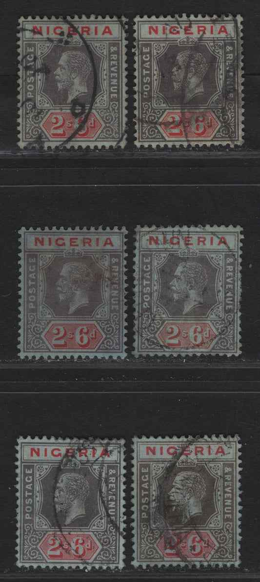 Lot 137 Nigeria SG#9 2/6 Gray & Bright Red - Gray Black & Scarlet Red King George V, 1914-1929 KGV Imperium Keyplate Issue, Wmk Multiple Crown CA, 6 Very Fine Used Singles, All On Blue Paper