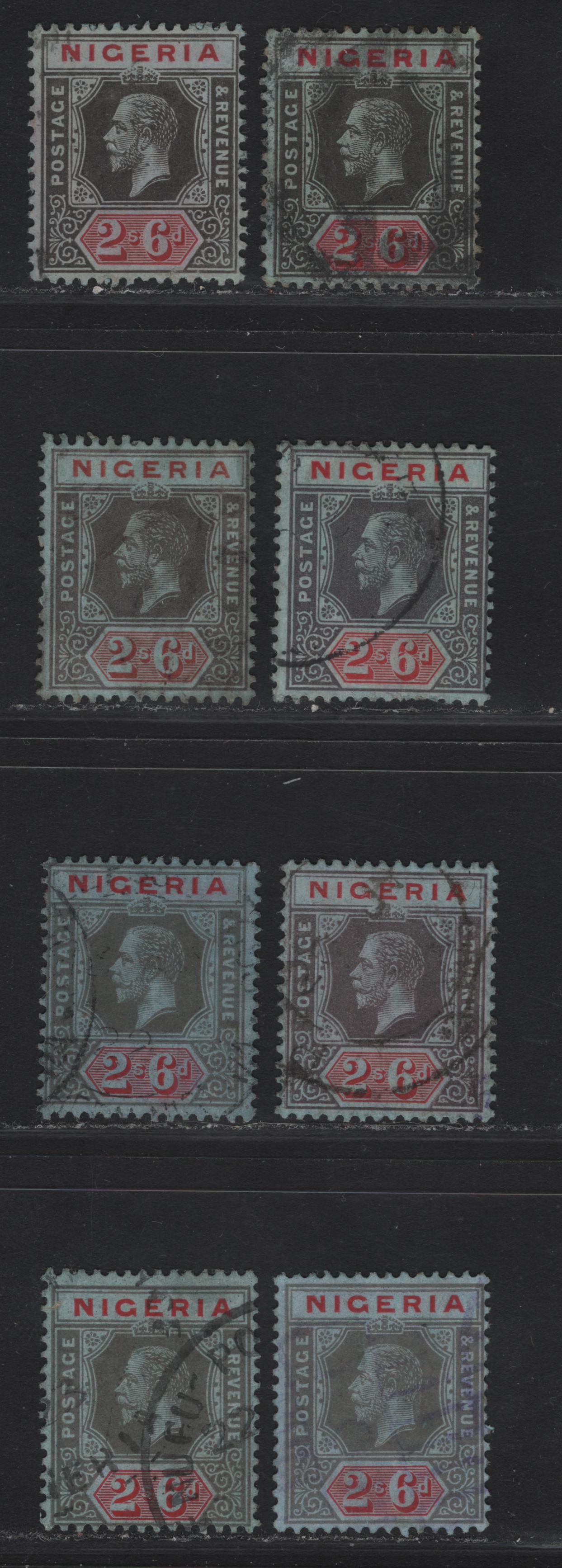 Lot 138 Nigeria SG#9 2/6 Black & Scarlet - Pale Gray & Red King George V, 1914-1929 KGV Imperium Keyplate Issue, Wmk Multiple Crown CA, 8 Fine Used Singles, All On Blue Paper