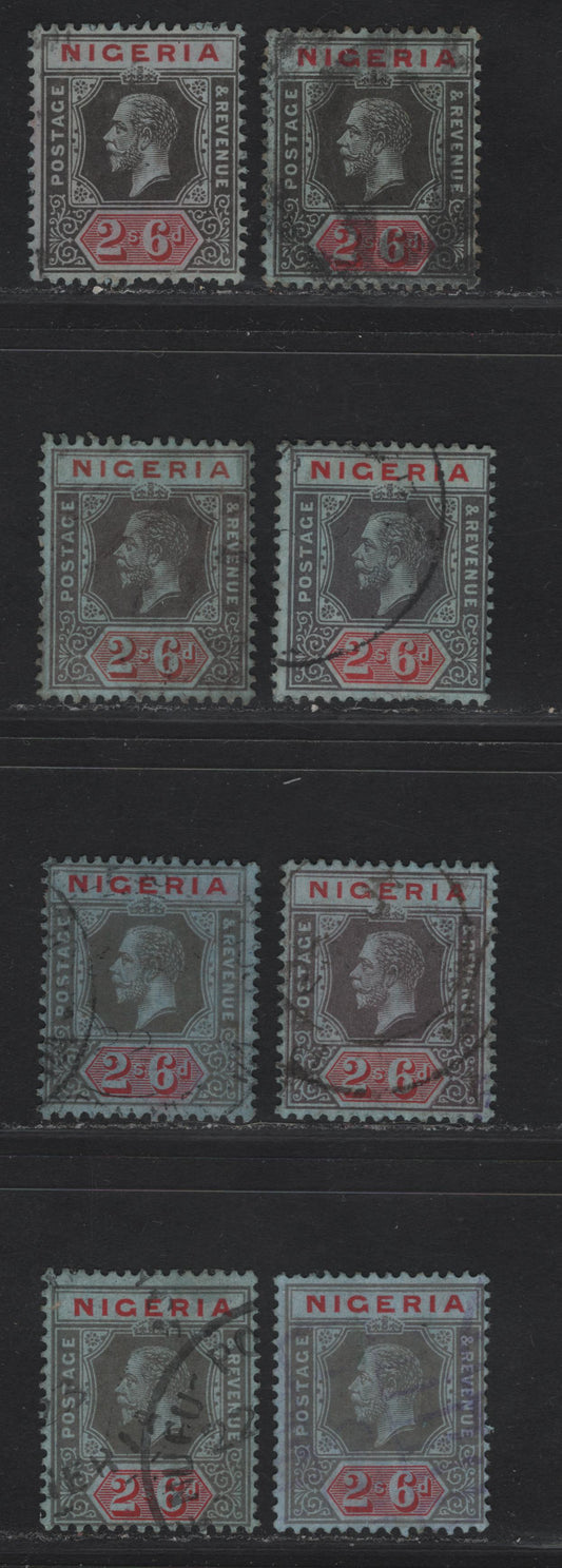 Lot 138 Nigeria SG#9 2/6 Black & Scarlet - Pale Gray & Red King George V, 1914-1929 KGV Imperium Keyplate Issue, Wmk Multiple Crown CA, 8 Fine Used Singles, All On Blue Paper