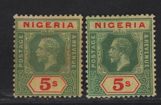 Lot 140 Nigeria SG#10 5/- Deep Yellowish Green & Red - Bluish Green & Red King George V, 1914-1929 KGV Imperium Keyplate Issue, Wmk Multiple Crown CA, 2 Fine Unused Singles, Both On Yellow Paper With White Backs