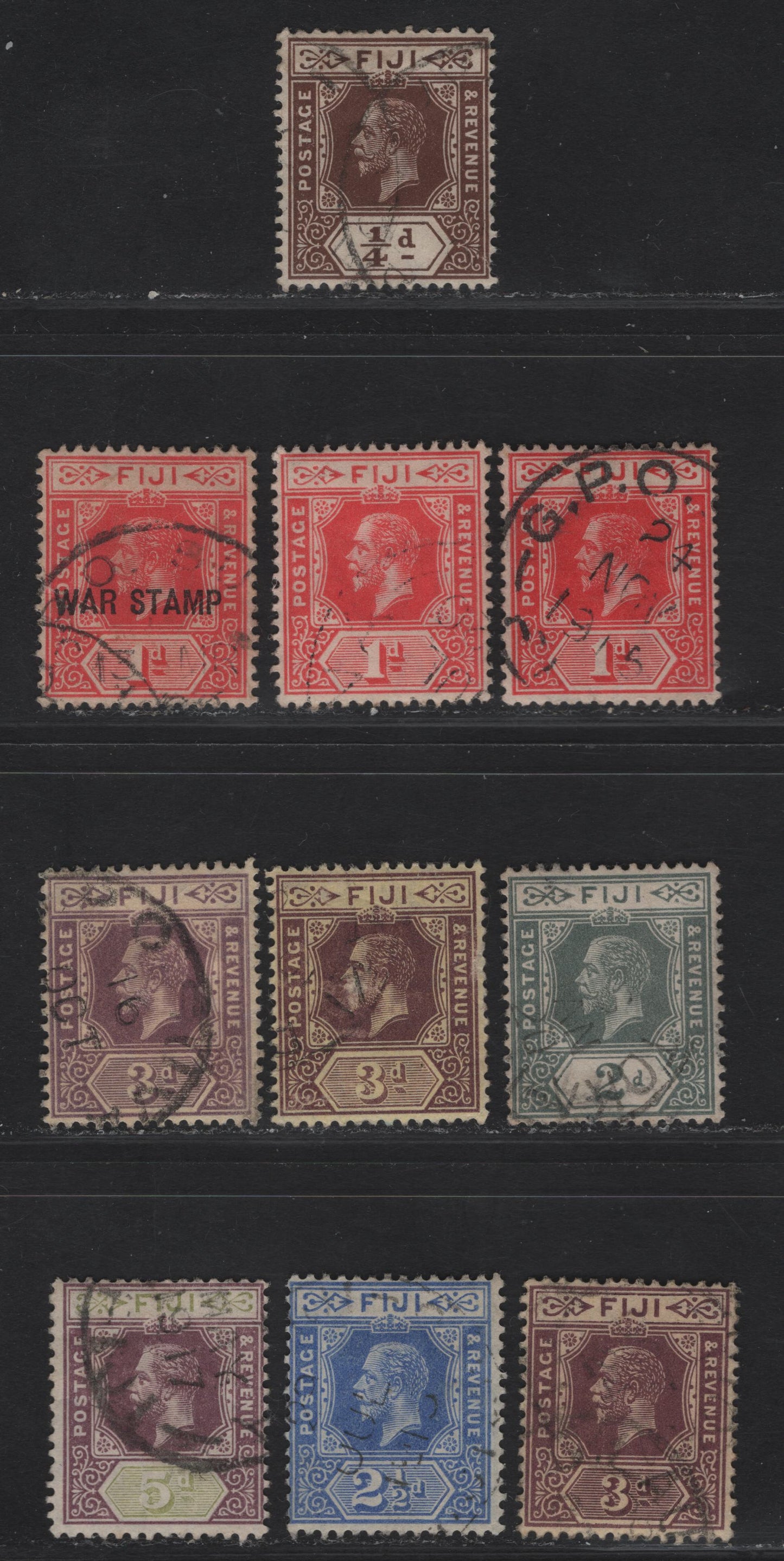 Lot 14 (C) Fiji #125, 127, 127a, 128, 129, 130, 130c, 130d, 132, 139d 1/4d Brown - 5d Purple & Olive Green, 1912-1923 King George V Imperium Keyplate Issue, Wmk Multiple Crown CA, 7 VG & VF Used Singles
