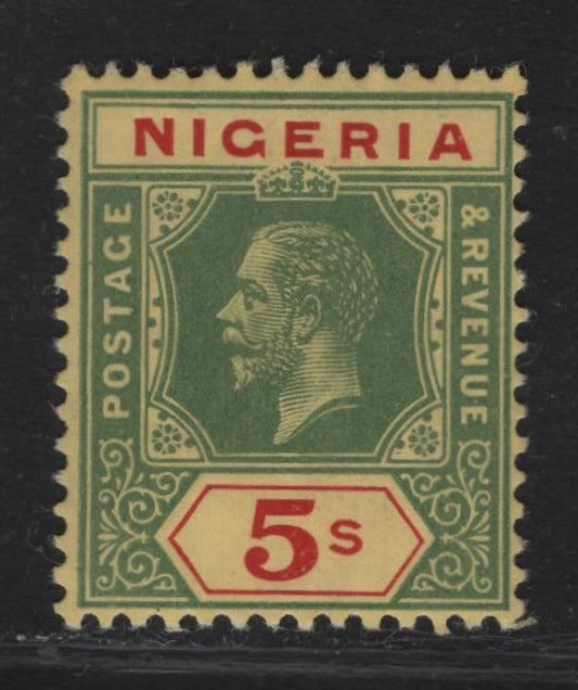 Lot 141 Nigeria SG#10a 5/- Green & Red King George V, 1914-1929 KGV Imperium Keyplate Issue, Wmk Multiple Crown CA, A FOG Single, Thick Yellow Paper With Lemon Back
