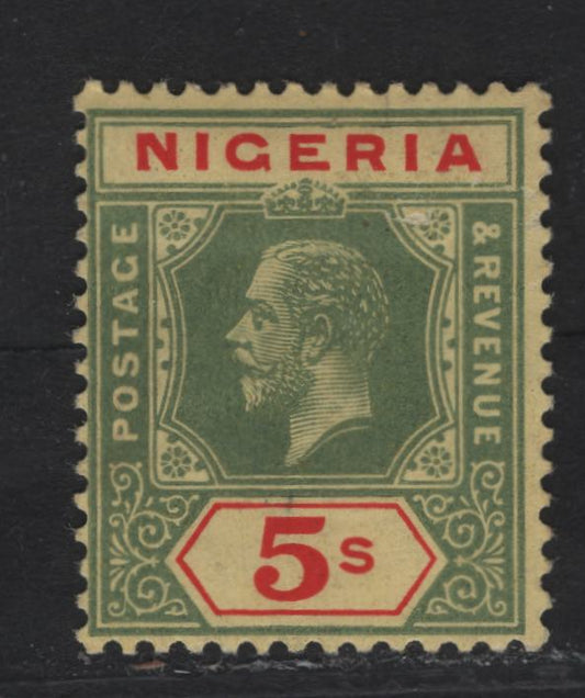 Lot 142 Nigeria SG#10d 5/- Deep Yellowish Green & Red - Bluish Green & Red King George V, 1914-1929 KGV Imperium Keyplate Issue, Wmk Multiple Crown CA, A FOG Single, Yellow Paper With Buff Back