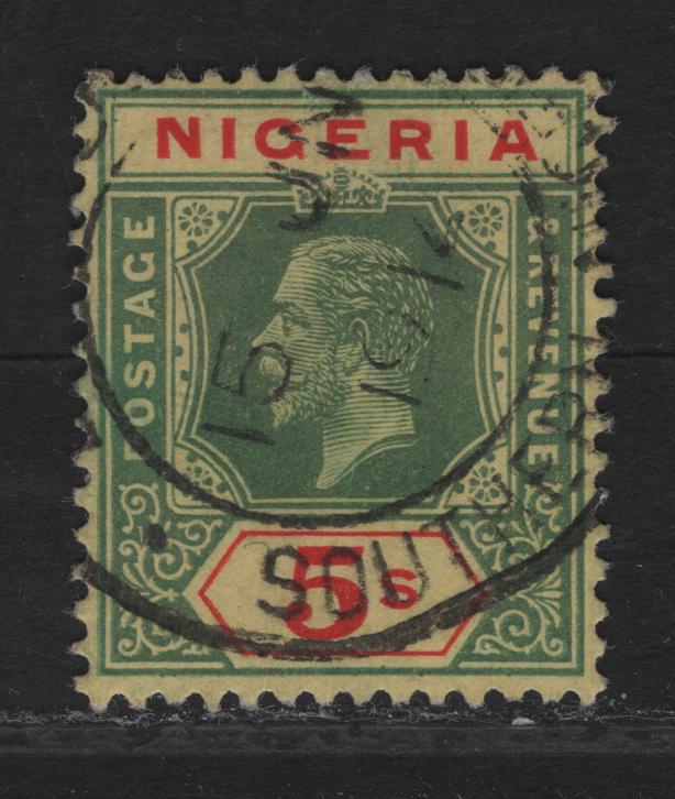 Lot 143 Nigeria SG#10 5/- Green & Red King George V, 1914-1929 KGV Imperium Keyplate Issue, Wmk Multiple Crown CA, A Very Fine Used Single, Yellow Paper With White Back, June 15 1914 Cancel, Used Just Over Two Weeks After Issue.