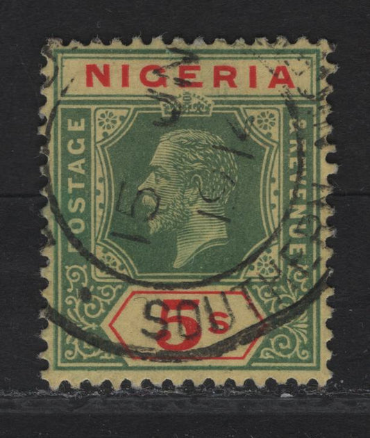 Lot 143 Nigeria SG#10 5/- Green & Red King George V, 1914-1929 KGV Imperium Keyplate Issue, Wmk Multiple Crown CA, A Very Fine Used Single, Yellow Paper With White Back, June 15 1914 Cancel, Used Just Over Two Weeks After Issue.