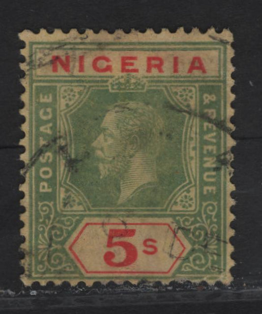 Lot 144 Nigeria SG#10d 5/- Pale Green & Bright Red King George V, 1914-1929 KGV Imperium Keyplate Issue, Wmk Multiple Crown CA, A Fine Used Single, Yellow Paper With Orange Buff Back