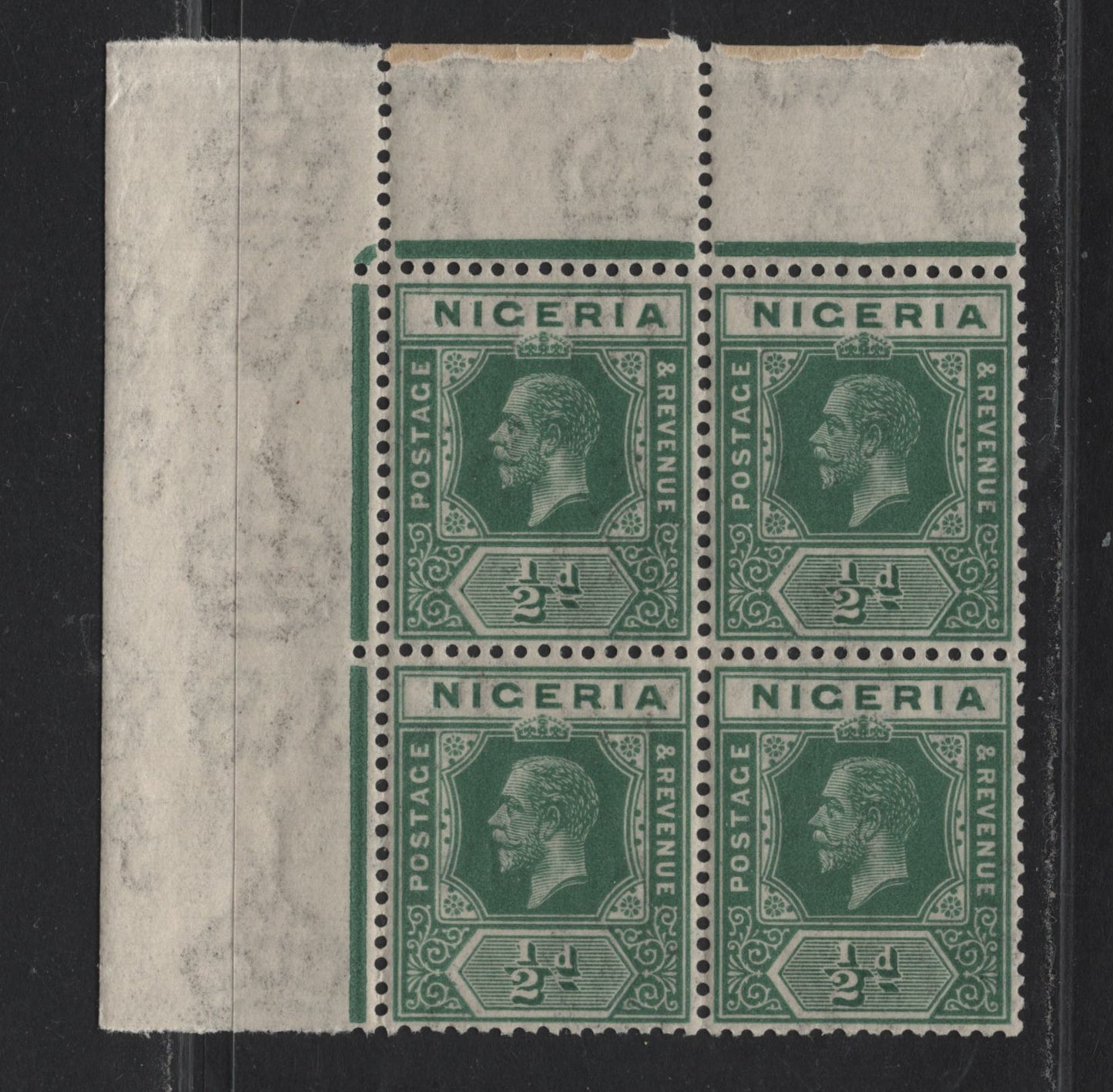 Lot 145 Nigeria SG#15 1/2d Green King George V, 1921-1932 KGV Imperium Keyplate Issue, Wmk Multiple Script CA, A VFNH UL Sheet Margin Corner Block Of 4, Showing Full Jubilee Lines, Script CA Wmk