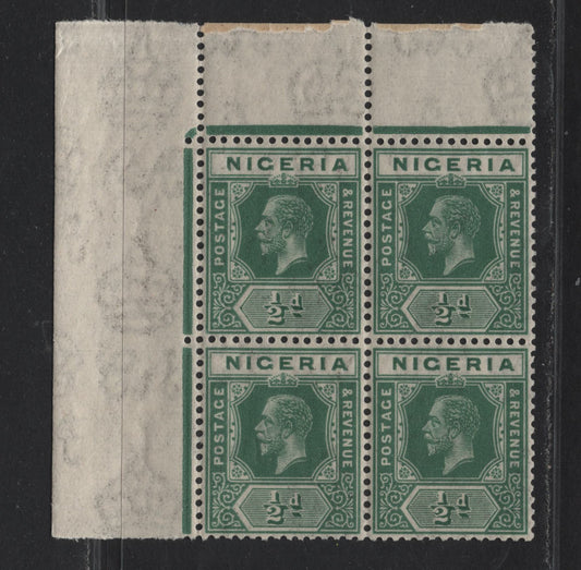 Lot 145 Nigeria SG#15 1/2d Green King George V, 1921-1932 KGV Imperium Keyplate Issue, Wmk Multiple Script CA, A VFNH UL Sheet Margin Corner Block Of 4, Showing Full Jubilee Lines, Script CA Wmk