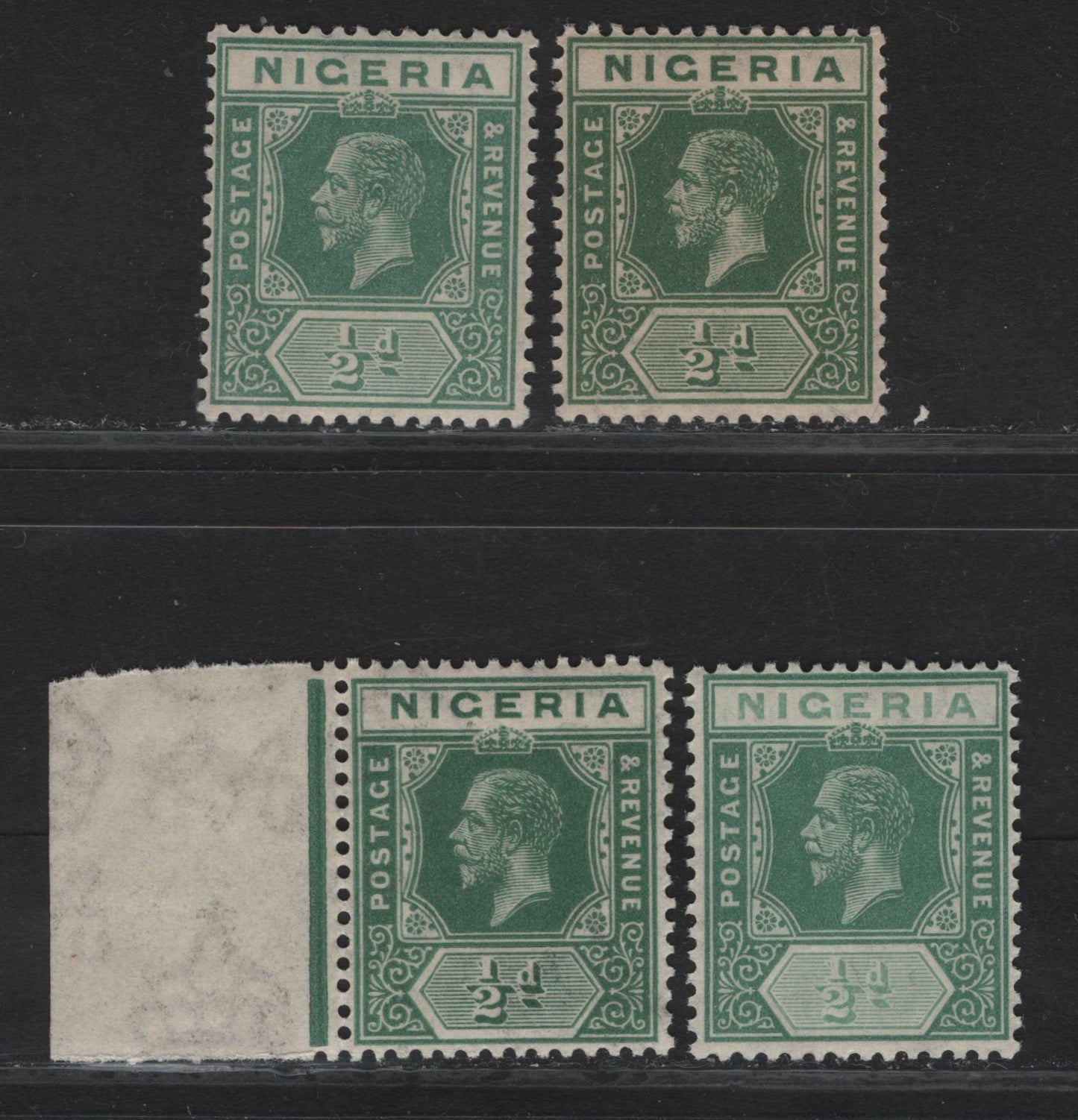 Lot 146 Nigeria SG#15 1/2d Deep Green - Pale Green & Bluish Green King George V, 1921-1932 KGV Imperium Keyplate Issue, Wmk Multiple Script CA, 5 VFNH Singles, All Die 1, Different Shades, All Unlisted In Gibbons.