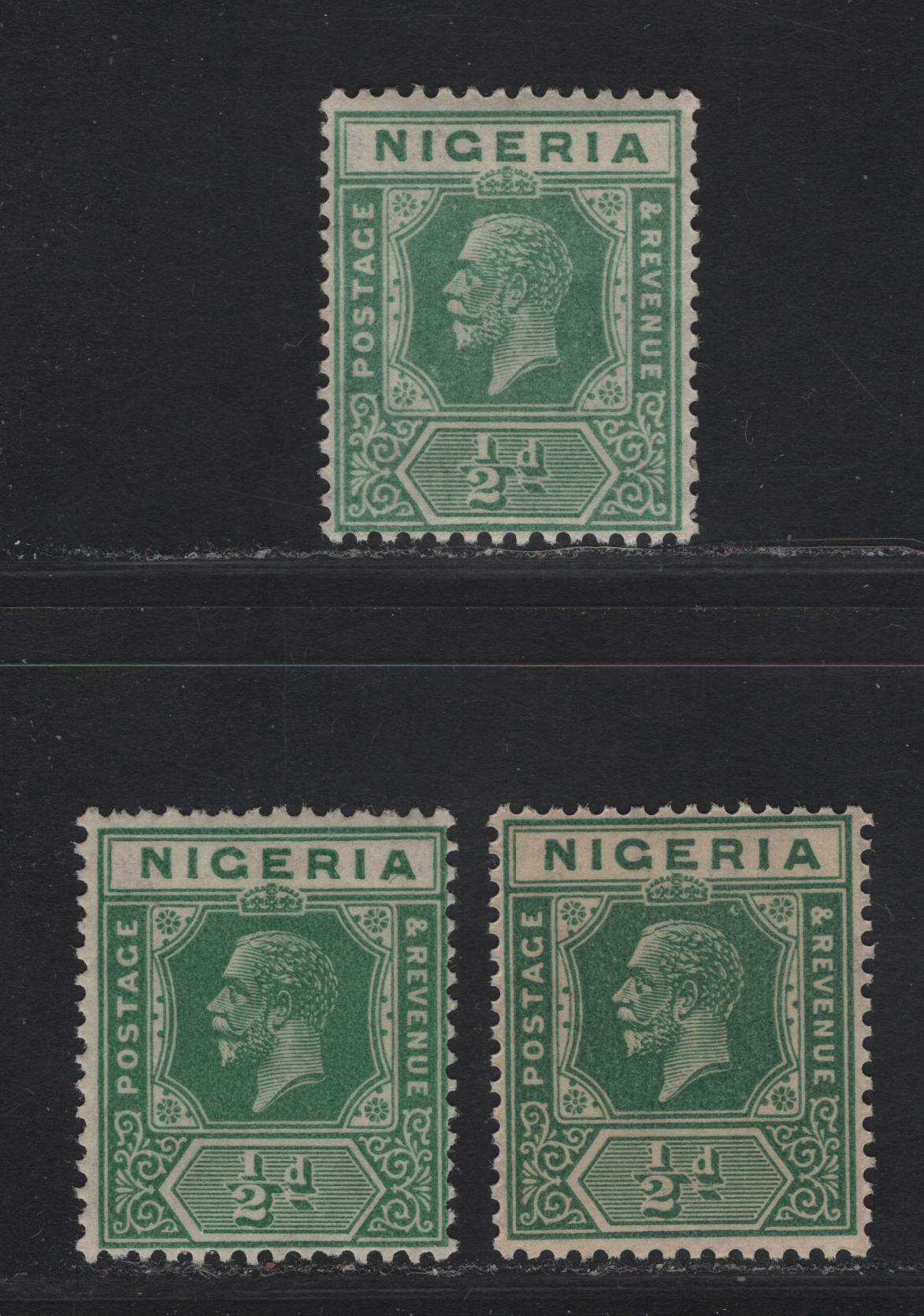 Lot 147 Nigeria SG#15b 1/2d Pale Milky Green - Bluish Green King George V, 1921-1932 KGV Imperium Keyplate Issue, Wmk Multiple Script CA, 3 F/VFNH Singles, All Die 2