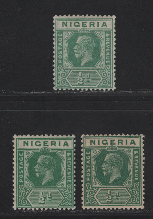 Lot 147 Nigeria SG#15b 1/2d Pale Milky Green - Bluish Green King George V, 1921-1932 KGV Imperium Keyplate Issue, Wmk Multiple Script CA, 3 F/VFNH Singles, All Die 2