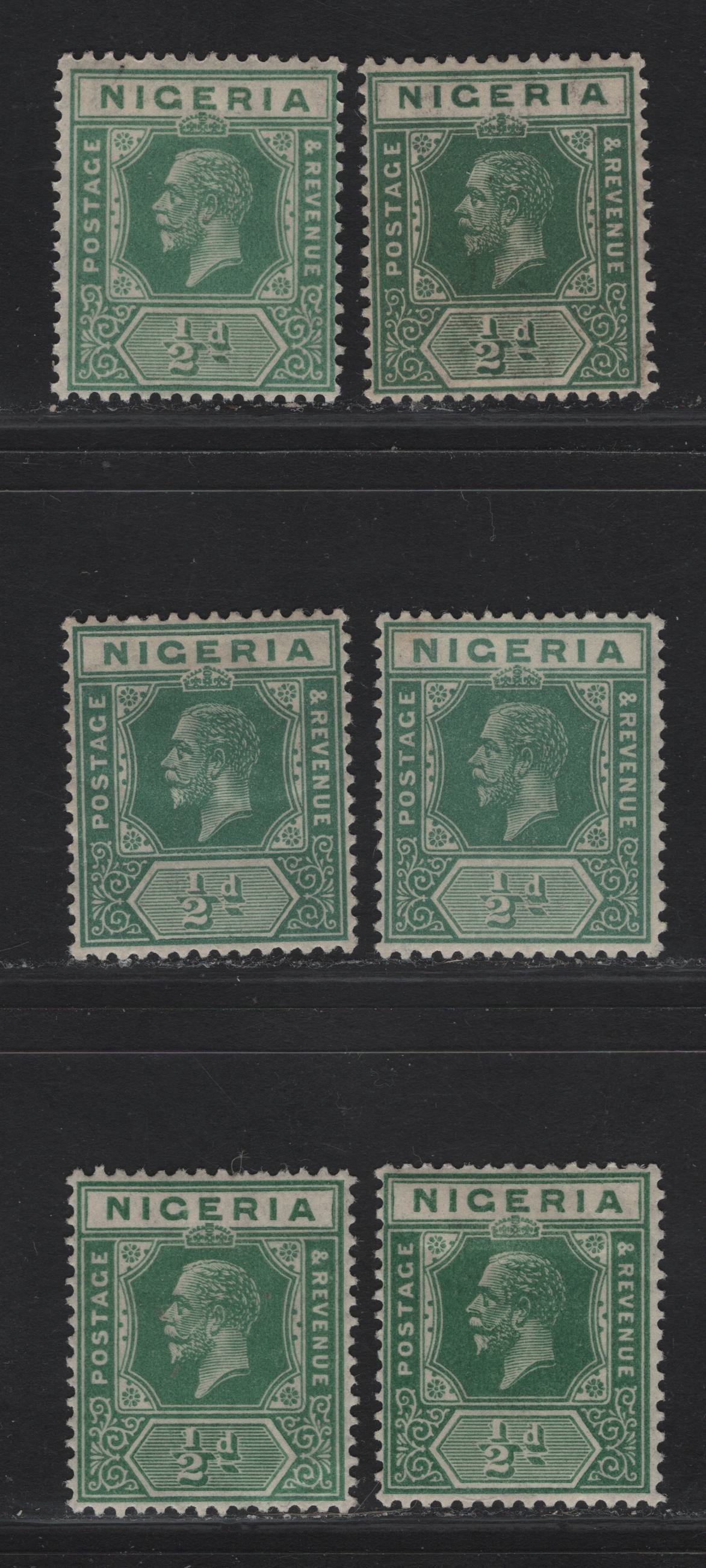 Lot 148 Nigeria SG#15, 15b 1/2d Green - Deep Green King George V, 1921-1932 KGV Imperium Keyplate Issue, Wmk Multiple Script CA, 7 F/VFOG Singles, Dies 1 & 2