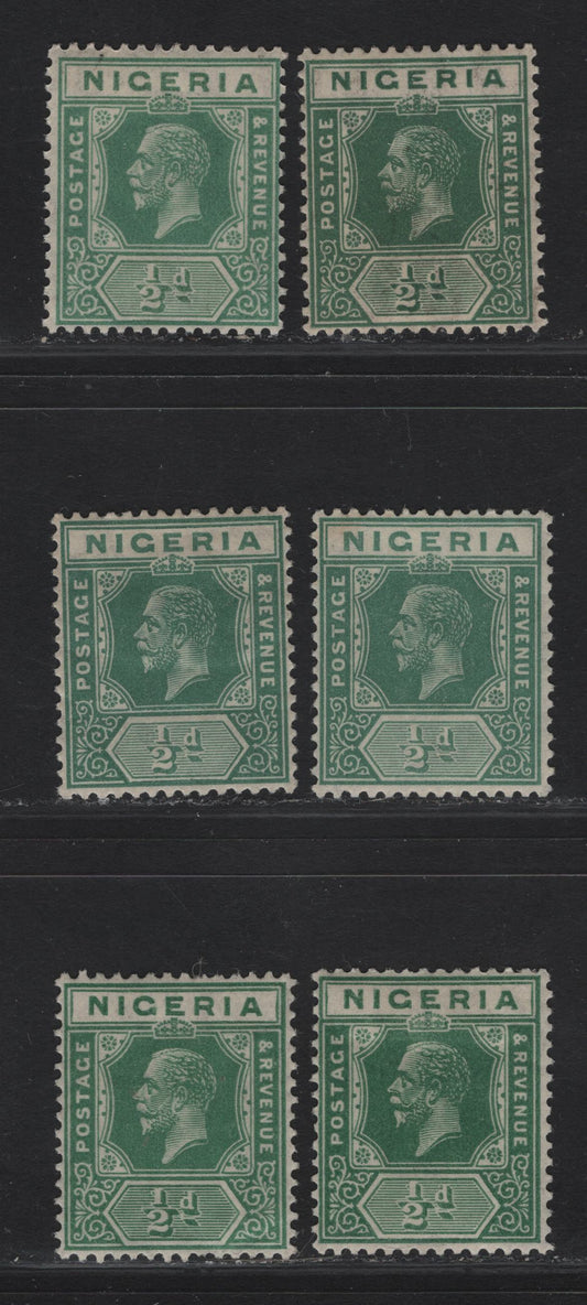 Lot 148 Nigeria SG#15, 15b 1/2d Green - Deep Green King George V, 1921-1932 KGV Imperium Keyplate Issue, Wmk Multiple Script CA, 7 F/VFOG Singles, Dies 1 & 2