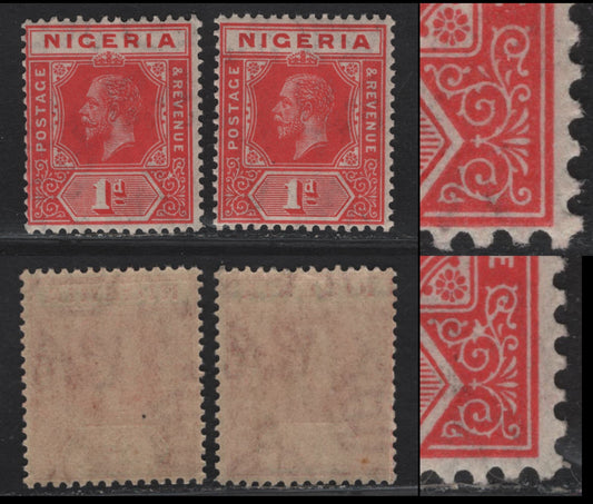 Lot 151 Nigeria SG#16var 1d Scarlet King George V, 1921-1932 KGV Imperium Keyplate Issue, Wmk Multiple Script CA, 2 FNH Singles, Die 1, Showing LR Scroll Work Joined & Flaws on Scroll Ornament, Normal For Comparison.