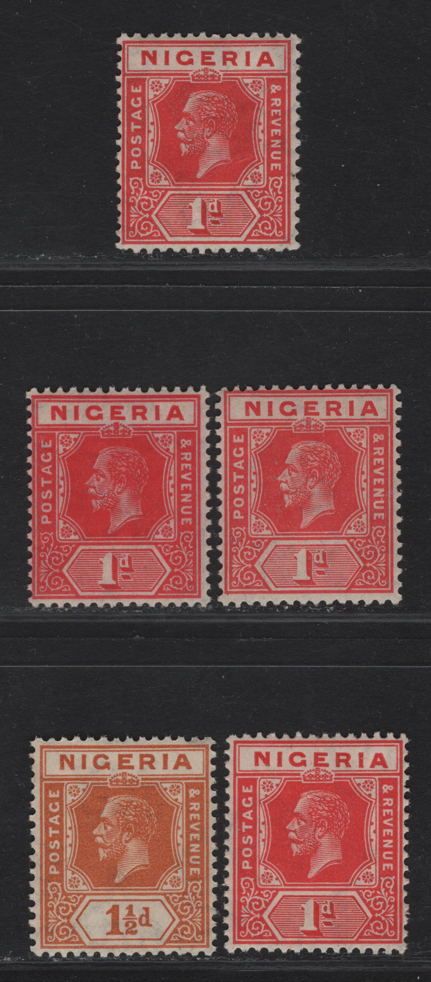 Lot 152 Nigeria SG#16, 16b, 17 1d - 1.5d Red - Brownish Orange King George V, 1921-1932 KGV Imperium Keyplate Issue, Wmk Multiple Script CA, 5 F/VFNH Singles, Dies 1 & 2, Script CA Wmk