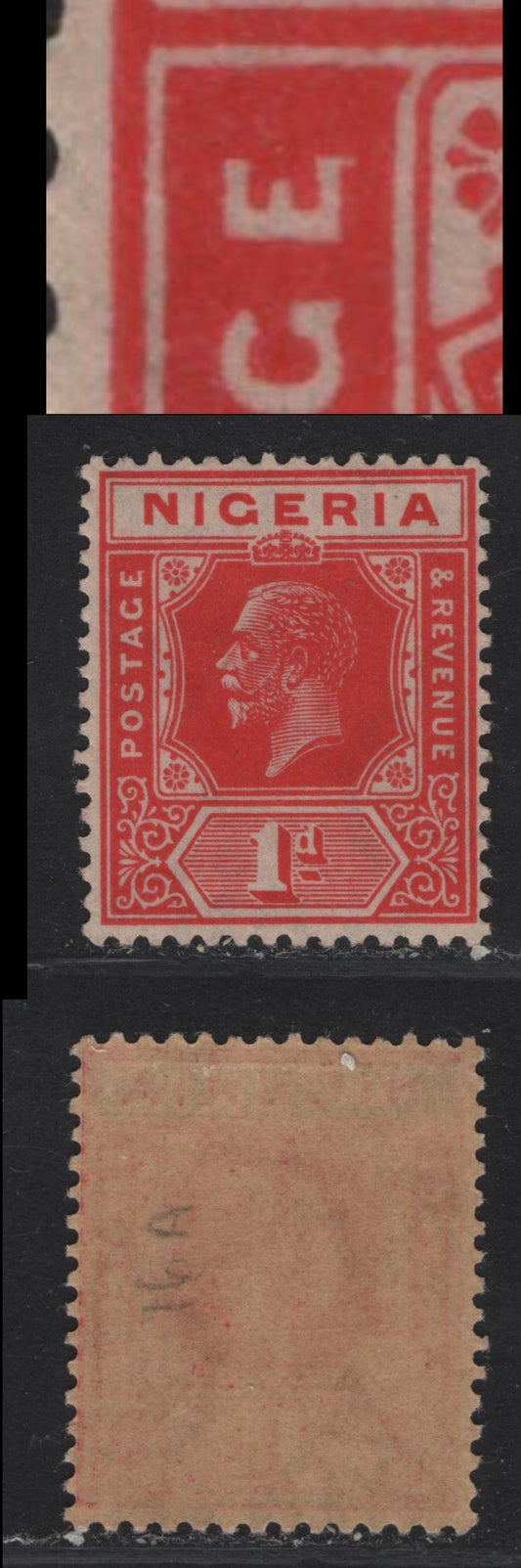 Lot 153 Nigeria SG#16b 1d Deep Red King George V, 1921-1932 KGV Imperium Keyplate Issue, Wmk Multiple Script CA, A VFNH Single, Die 2, Showing Hook on 'E' of Postage