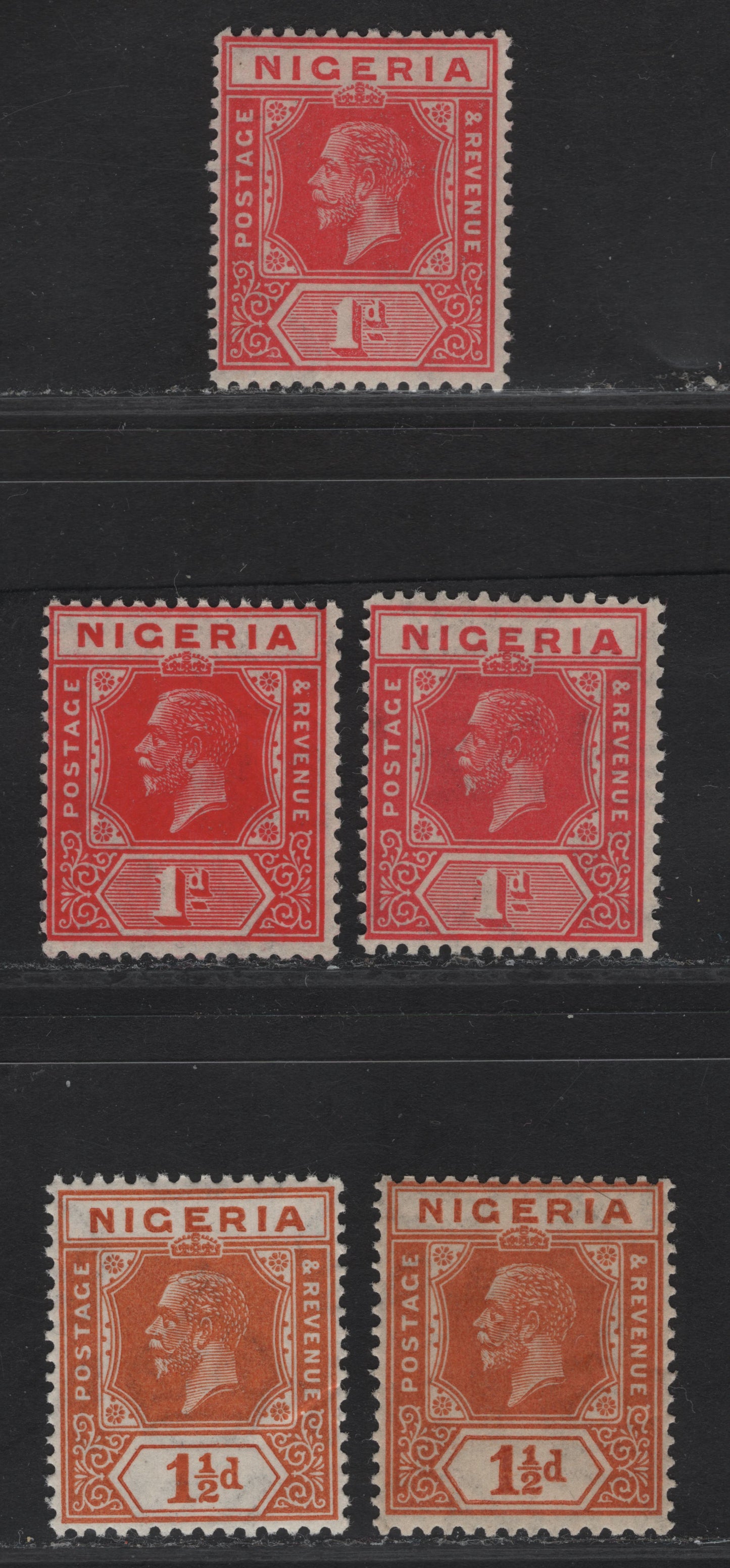 Lot 154 Nigeria SG#16, 16b, 17 1d - 1.5d Carmine Red - Orange King George V, 1921-1932 KGV Imperium Keyplate Issue, Wmk Multiple Script CA, 5 FNH Singles, Dies 1 & 2, The Second 1.5d Has A Small Internal Wrinkle