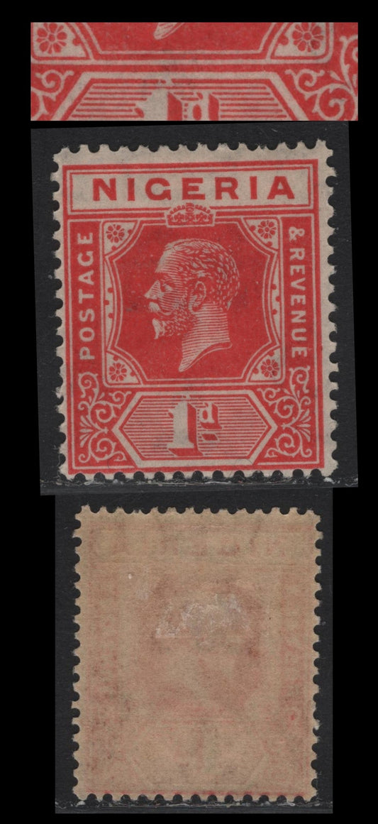 Lot 155 Nigeria SG#16bvar 1d Rose Red King George V, 1921-1932 KGV Imperium Keyplate Issue, Wmk Multiple Script CA, A FOG Single, Die 2, Showing Frame Break In Upper Frameline Of Value Tablet, Unlisted & Scarce.