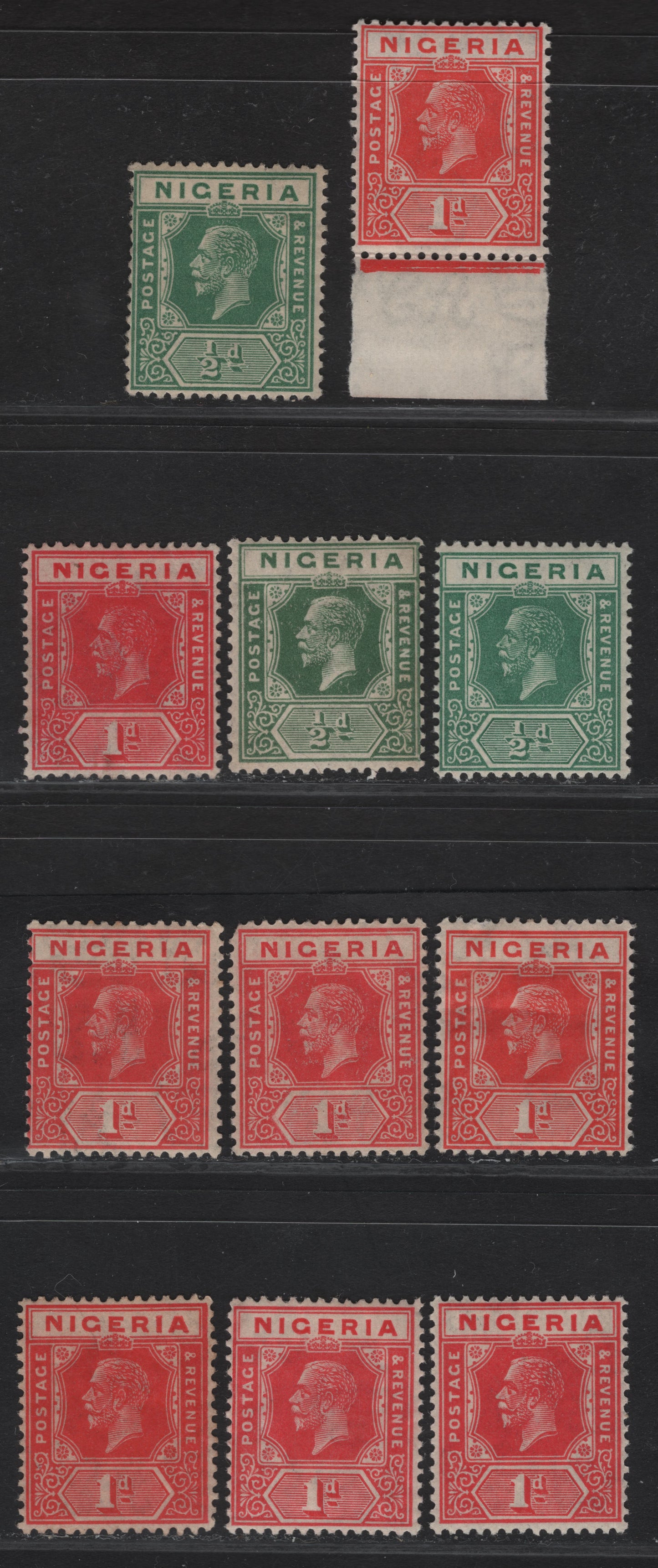 Lot 156 Nigeria SG#15b, 16, 16b 1/2d - 1d Dull Green - Pale Scarlet King George V, 1921-1932 KGV Imperium Keyplate Issue, Wmk Multiple Script CA, 4 FOG Singles, Dies 1 &2, Various Shades