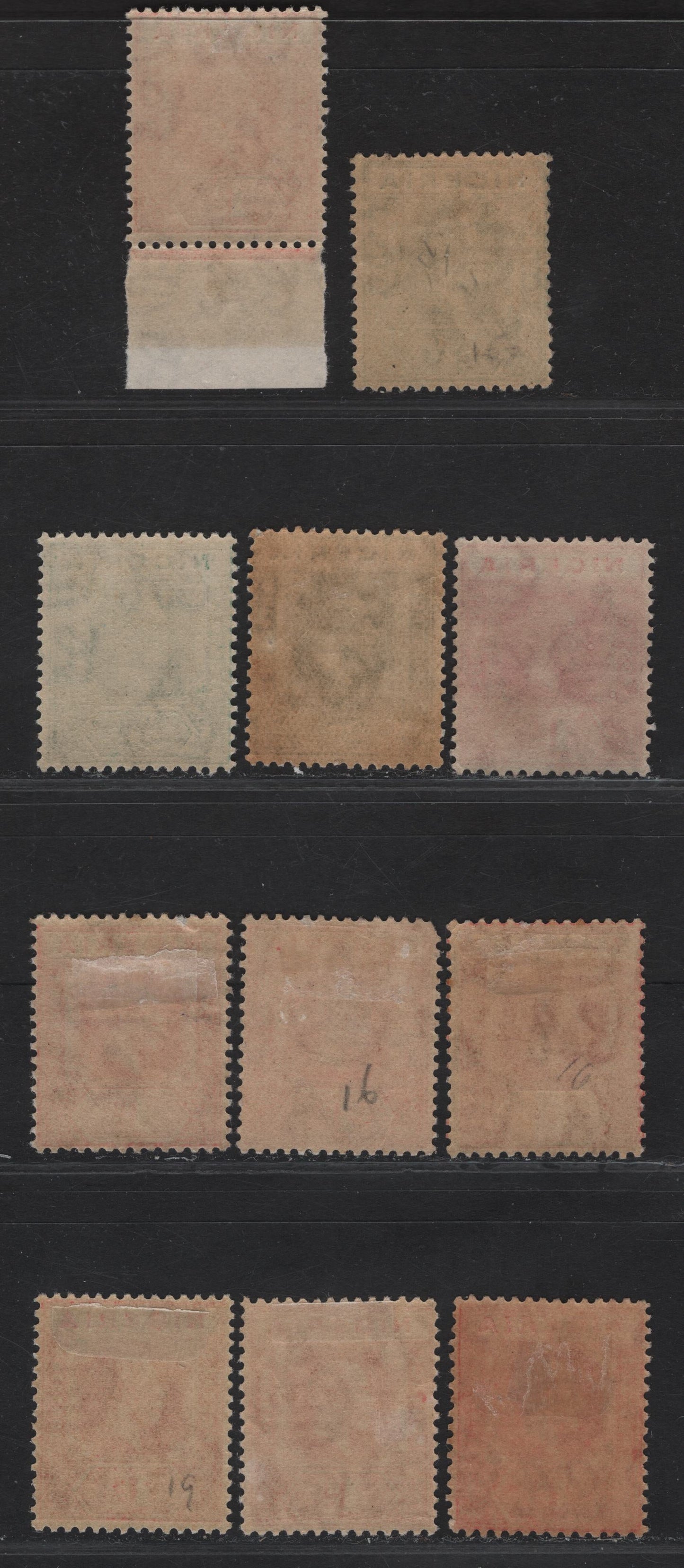 Lot 156 Nigeria SG#15b, 16, 16b 1/2d - 1d Dull Green - Pale Scarlet King George V, 1921-1932 KGV Imperium Keyplate Issue, Wmk Multiple Script CA, 4 FOG Singles, Dies 1 &2, Various Shades