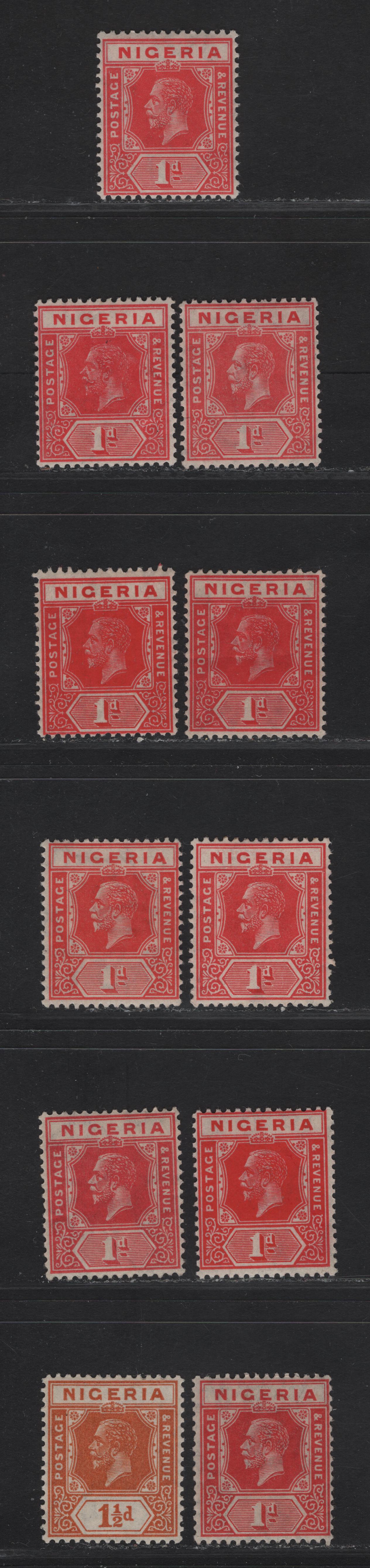 Nigeria SG#16, 16b, 17 1d - 1.5d Rose Carmine - Brownish Orange King George V, 1921-1932 KGV Imperium Keyplate Issue, Wmk Multiple Script CA, 10 F/VFOG Singles, Dies 1 &2, Various Shades