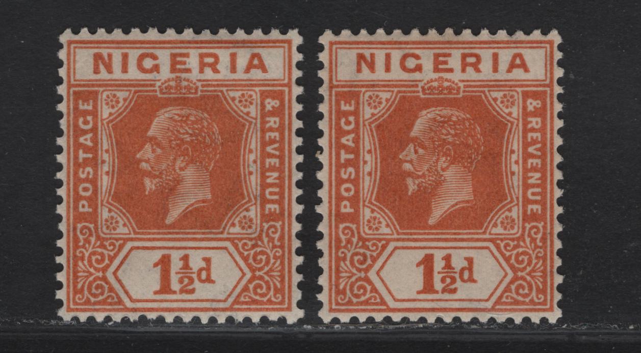 Nigeria SG#17 1.5d Light Brownish Orange - Deep Brownish Orange King George V, 1921-1932 KGV Imperium Keyplate Issue, Wmk Multiple Script CA, 2 VFOG Singles
