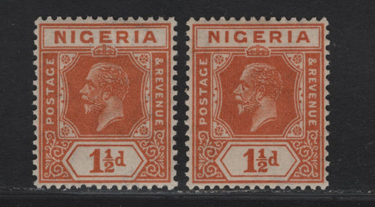 Lot 158 Nigeria SG#17 1.5d Light Brownish Orange - Deep Brownish Orange King George V, 1921-1932 KGV Imperium Keyplate Issue, Wmk Multiple Script CA, 2 VFOG Singles