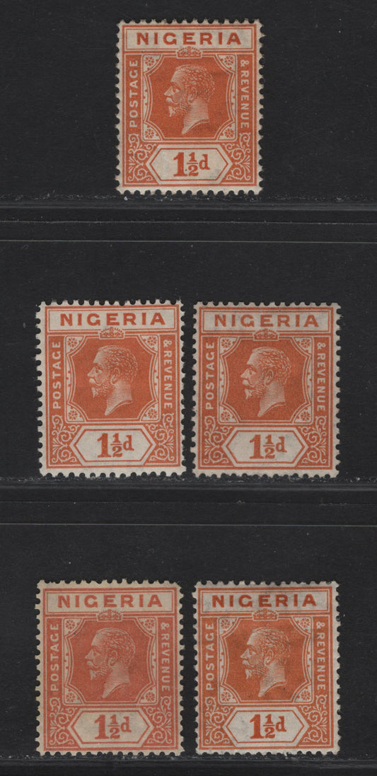 Lot 159 Nigeria SG#17 1.5d Deep Orange & Light Brownish Orange - Pale Salmon Orange King George V, 1921-1932 KGV Imperium Keyplate Issue, Wmk Multiple Script CA, 5 F/VFOG Singles, All Die 2