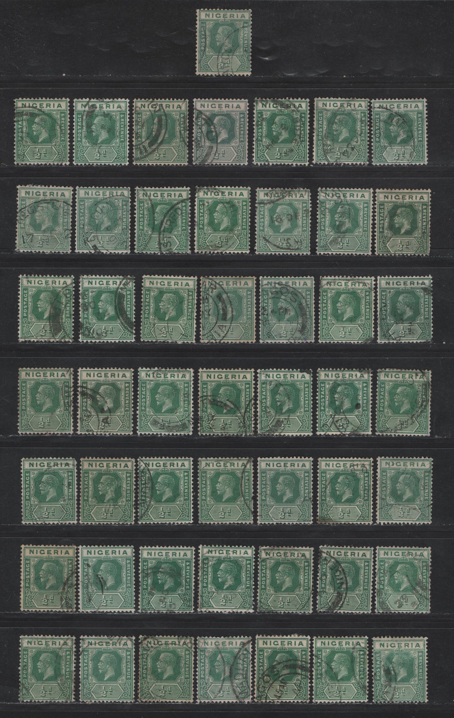 Lot 160 Nigeria SG#15, 15b 1/2d Green King George V, 1921-1932 KGV Imperium Keyplate Issue, Wmk Multiple Script CA, 50 Fine/Very Fine Used Singles, 10 Stamps Are Die 1, Rest Die 2, Range of Different Shades