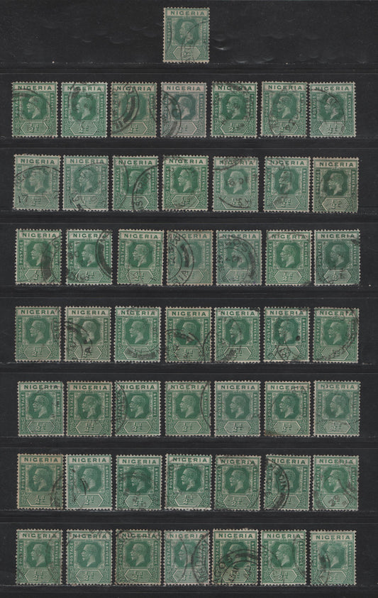 Lot 160 Nigeria SG#15, 15b 1/2d Green King George V, 1921-1932 KGV Imperium Keyplate Issue, Wmk Multiple Script CA, 50 Fine/Very Fine Used Singles, 10 Stamps Are Die 1, Rest Die 2, Range of Different Shades