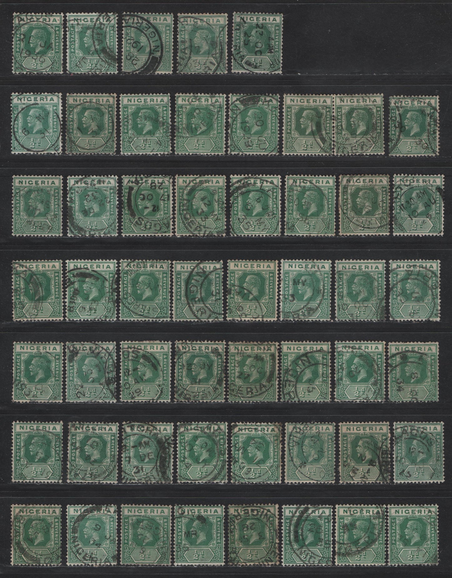 Lot 161 Nigeria SG#15, 15b 1/2d Green King George V, 1921-1932 KGV Imperium Keyplate Issue, Wmk Multiple Script CA, 53 Fine/Very Fine Used Singles, Dated Copies Ranging From 1921-1935, 6 Stamps Are Die 1, Rest Die 2