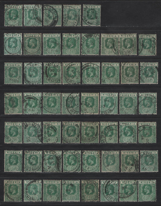Lot 161 Nigeria SG#15, 15b 1/2d Green King George V, 1921-1932 KGV Imperium Keyplate Issue, Wmk Multiple Script CA, 53 Fine/Very Fine Used Singles, Dated Copies Ranging From 1921-1935, 6 Stamps Are Die 1, Rest Die 2