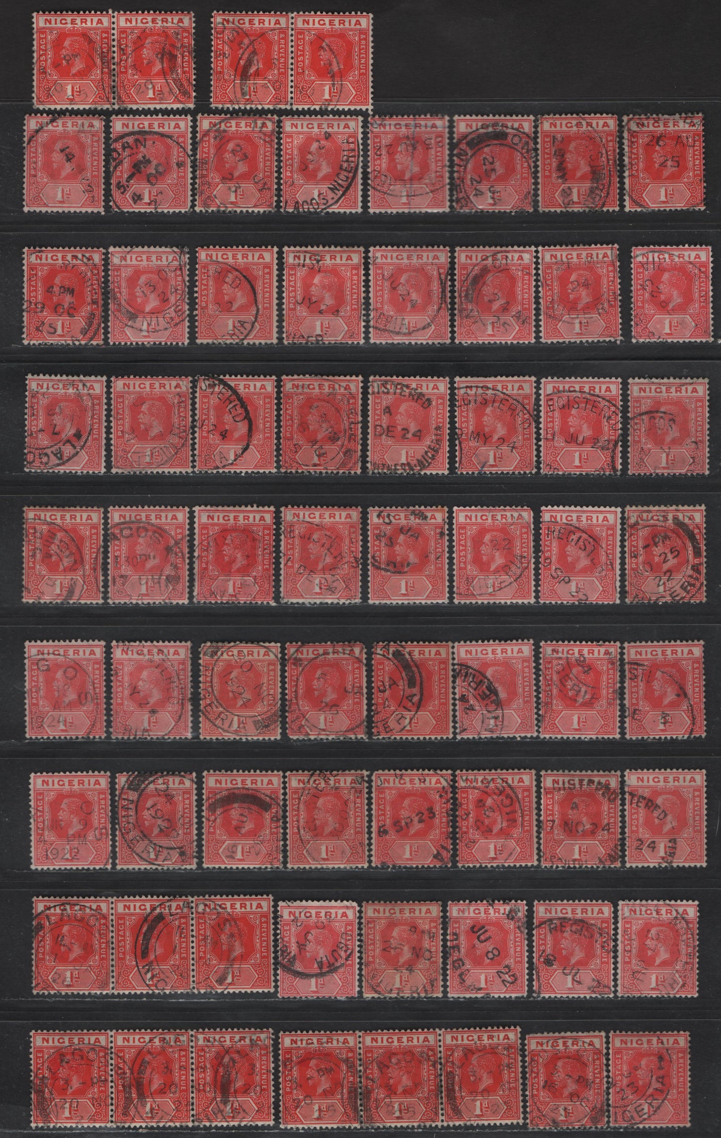 Lot 162 Nigeria SG#16 1d Rose Carmine King George V, 1921-1932 KGV Imperium Keyplate Issue, Wmk Multiple Script CA, 60 Fine Used Singles, Pairs & Strips Of 3, Shade Lot, Includes Dates From 1922-1935, All Die 1.