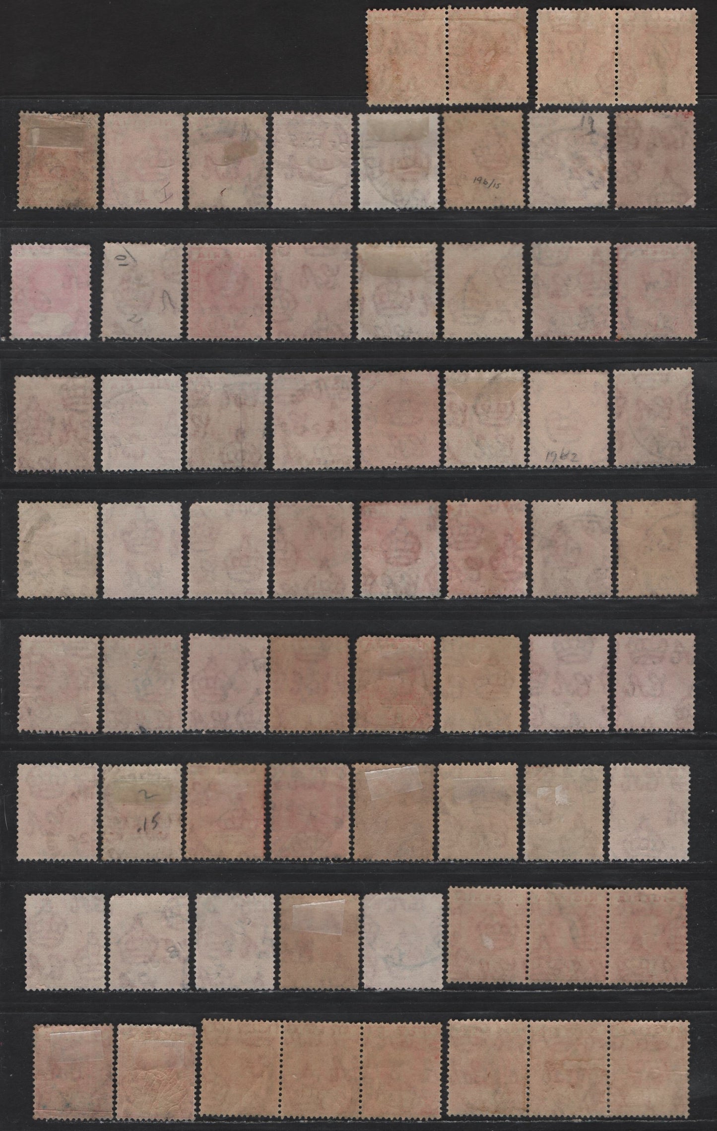 Lot 162 Nigeria SG#16 1d Rose Carmine King George V, 1921-1932 KGV Imperium Keyplate Issue, Wmk Multiple Script CA, 60 Fine Used Singles, Pairs & Strips Of 3, Shade Lot, Includes Dates From 1922-1935, All Die 1.