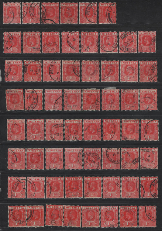 Lot 163 Nigeria SG#16b 1d Rose Carmine King George V, 1921-1932 KGV Imperium Keyplate Issue, Wmk Multiple Script CA, 62 Fine Used Singles & Pairs, Shade Study Lot, Unsorted Examples, All Selected For Cancels That Are Not Too Heavy.