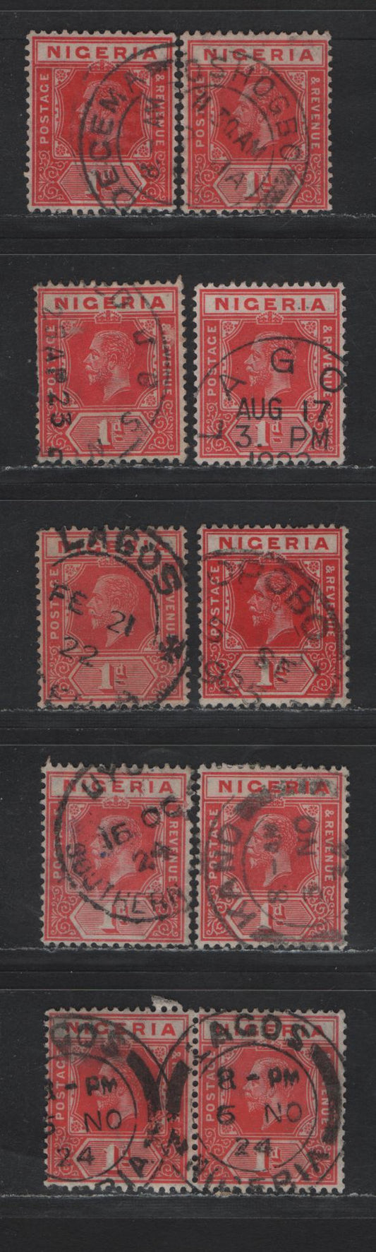 Lot 164 Nigeria SG#16 1d Pale Rose Red - Deep Red King George V, 1921-1932 KGV Imperium Keyplate Issue, Wmk Multiple Script CA, 7 Fine/Very Fine Used Singles, Die 1, Cancels, Which Are Mostly Less Common Towns & Villages