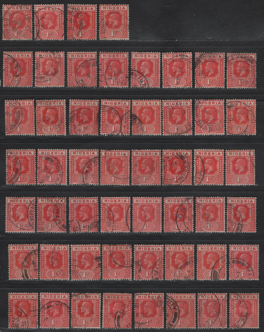 Nigeria SG#16b 1d Rose Carmine - Deep Red King George V, 1921-1932 KGV Imperium Keyplate Issue, Wmk Multiple Script CA, 52 Fine/Very Fine Used Singles, Shade Lot, Unsorted Examples, Unchecked For Specific Shades